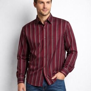 Bugatchi Uomo Shirt Mens L Burgundy Stripe Button Front Cotton Dress Casual